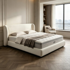 Modern white upholstered bed frame with headboard