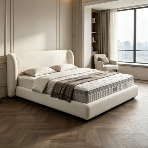 Modern white upholstered bed frame with headboard