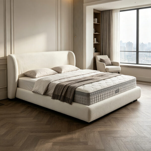 Modern white upholstered bed frame with headboard