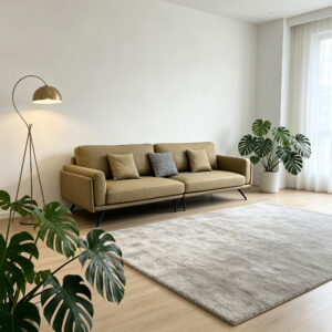 Modern beige fabric sofa with accent pillows