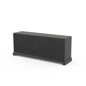 Black fluted four-door TV console with round knobs and a low plinth base