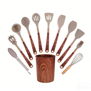 Premium Silicone Kitchen Utensil Set with ergonomic wood-textured handles