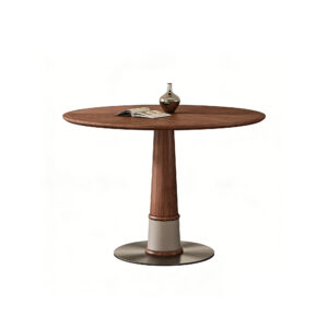 Modern Round Pedestal Dining Table with Saddle Leather Accent