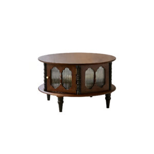 Vintage Round Solid Wood Coffee Table with Fluted Glass Doors
