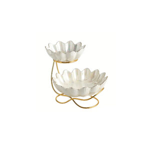2-Tier Petal-Shaped Ceramic Fruit Bowl with Gold Stand