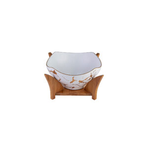 Marble Pattern Ceramic Salad Bowl with Bamboo Stand
