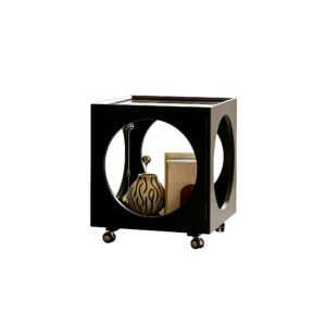 Mobile Rubberwood Side Table with Glass Top & Cat Cave Storage