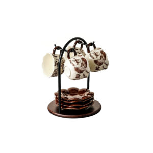 Vintage Floral & Bird Ceramic Coffee Cup Set with Stand