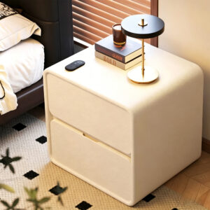 Natural Wood Bedside Cabinet in White, styled campaign view