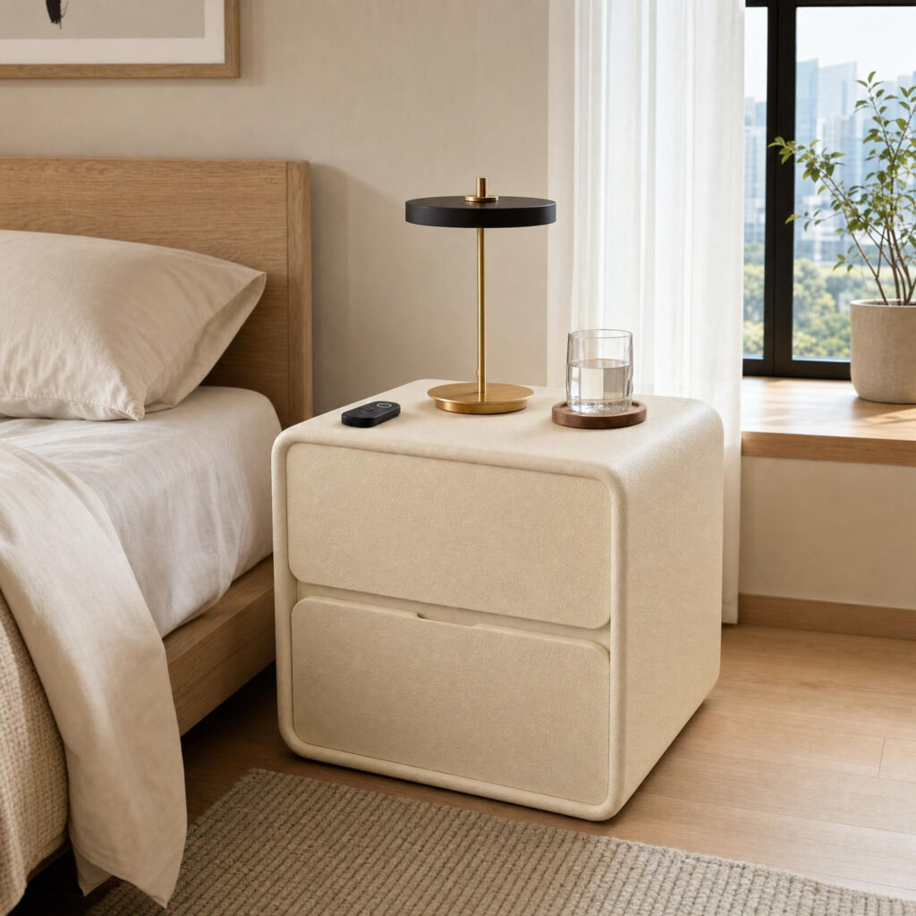Natural Wood Bedside Cabinet in White, lifestyle setting 1
