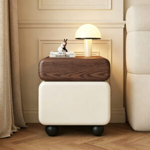 Simple Cream Colored Bedside Cabinet in Beige, styled campaign view