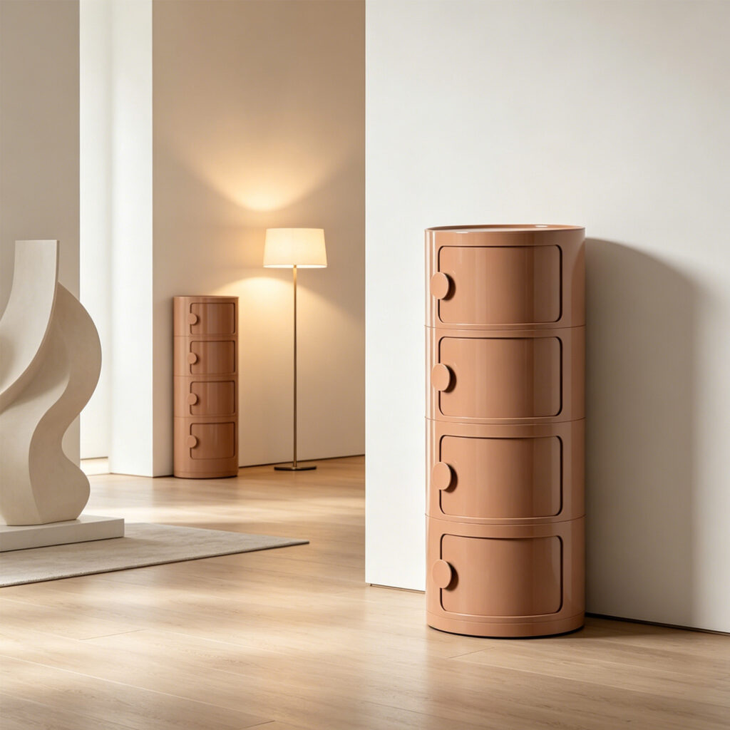 Round Bedside Cabinet in Orange, styled campaign view