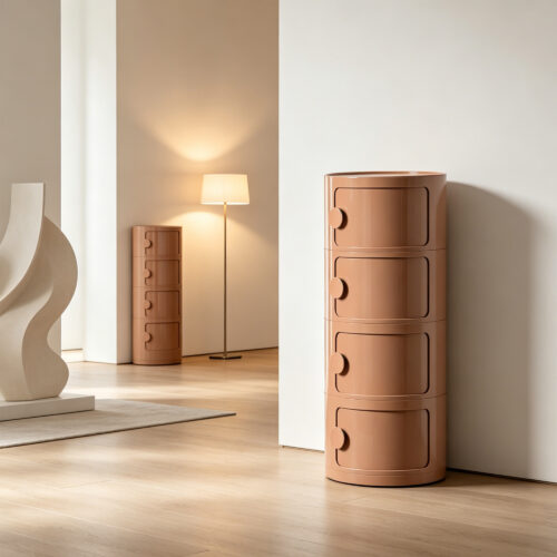 Round Bedside Cabinet in Orange, styled campaign view