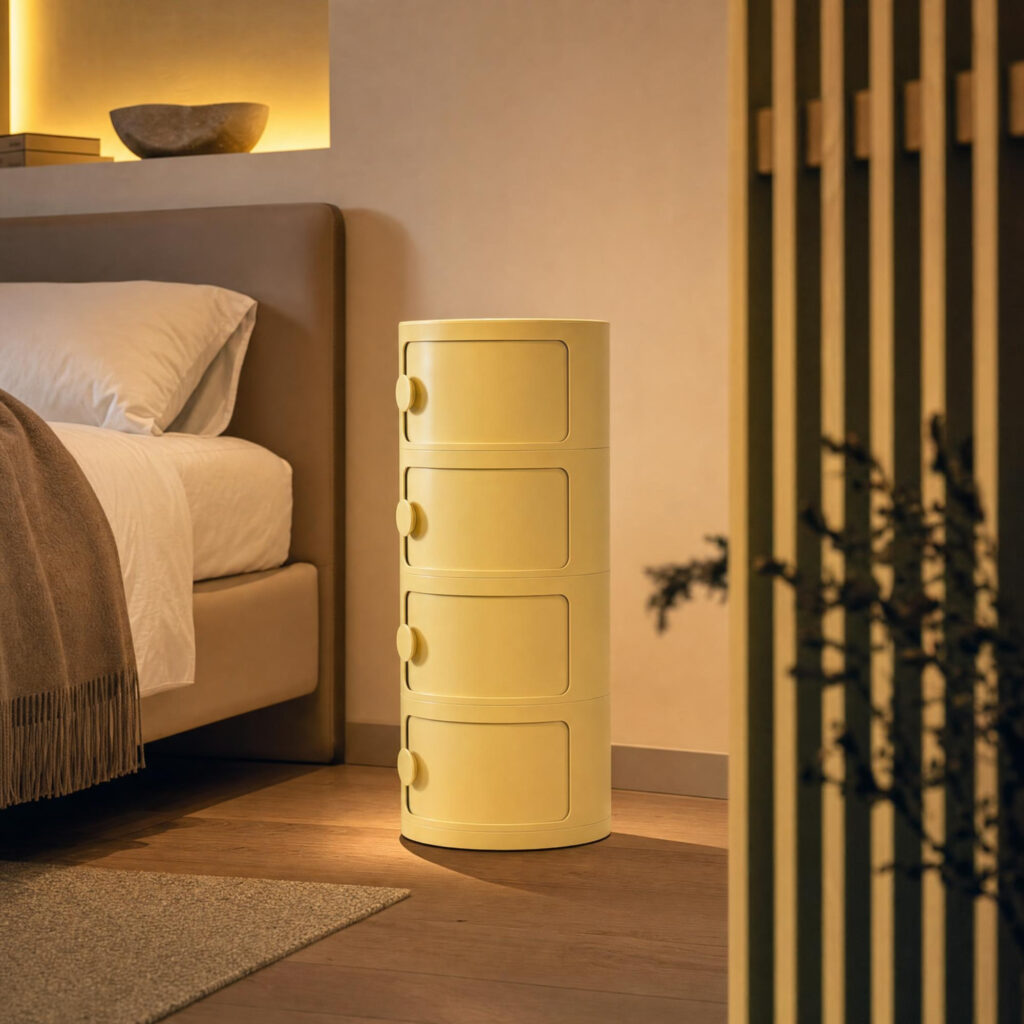 Round Bedside Cabinet in Yellow, styled campaign view