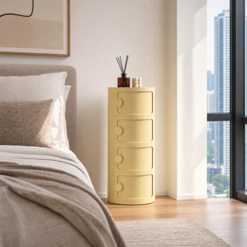 Round Bedside Cabinet in Yellow, lifestyle setting 2