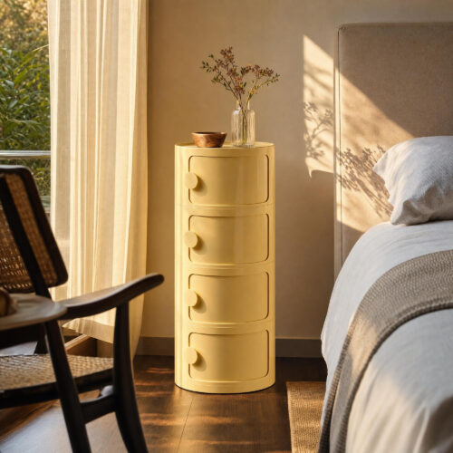 Round Bedside Cabinet in Yellow, lifestyle setting 3