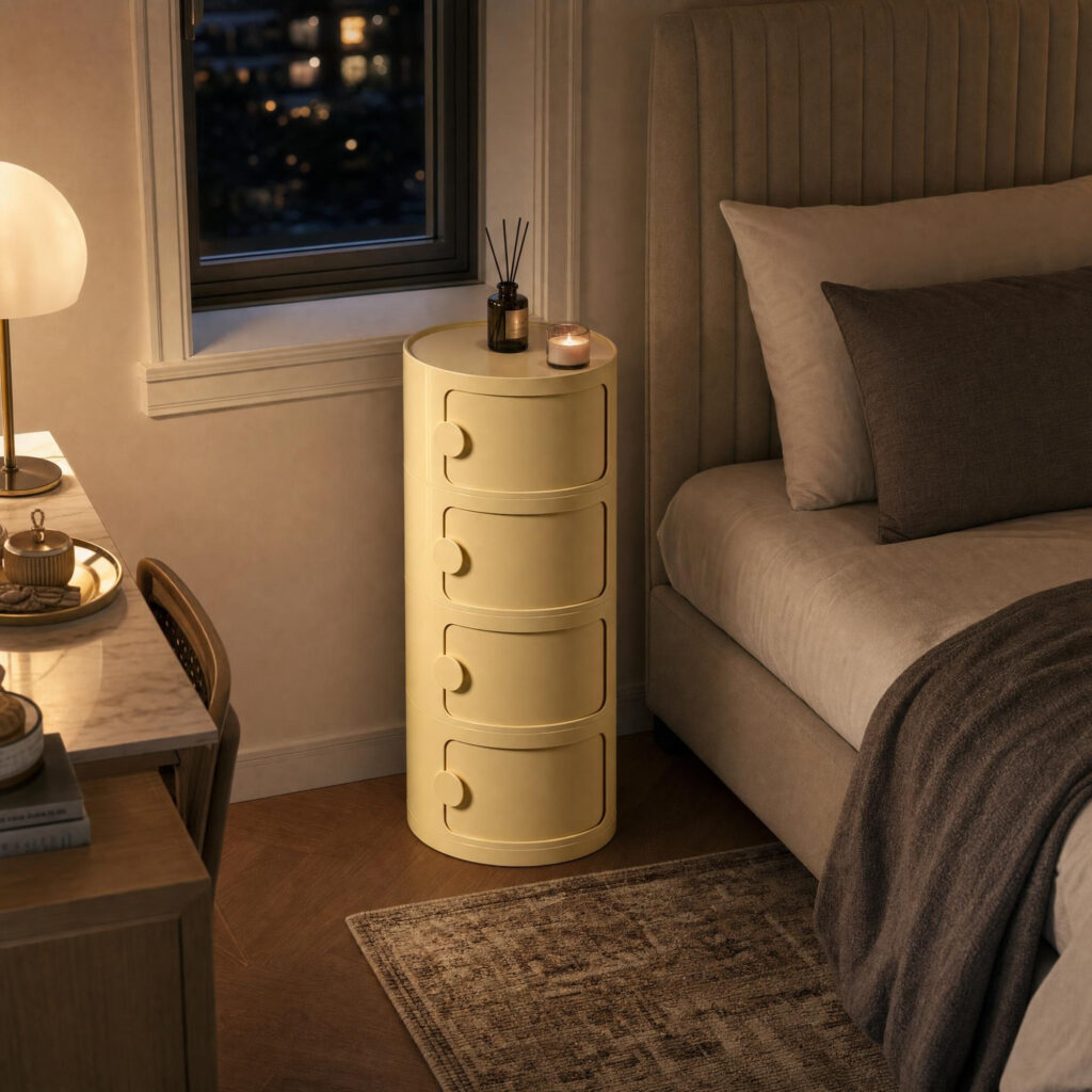 Round Bedside Cabinet in Yellow, lifestyle setting 4