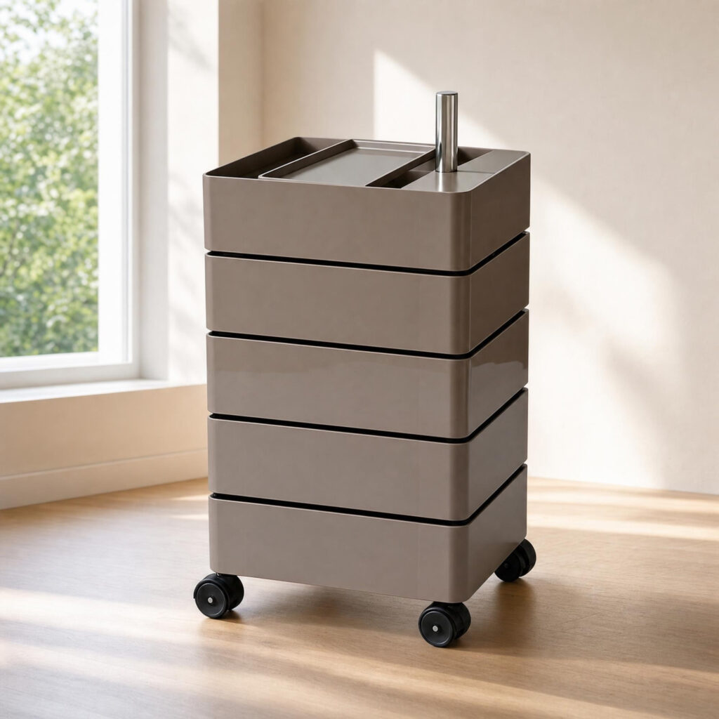Rotating Storage Cabinet in Grey, styled campaign view