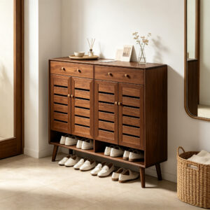 Rubberwood Shoe Cabinet, styled campaign view