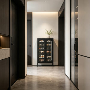 Linear Metal Utility Storage Cabinet in Black, styled campaign view