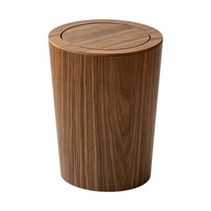 Durable Wood Grain Trash Can in Brown, white-background front or three-quarter view