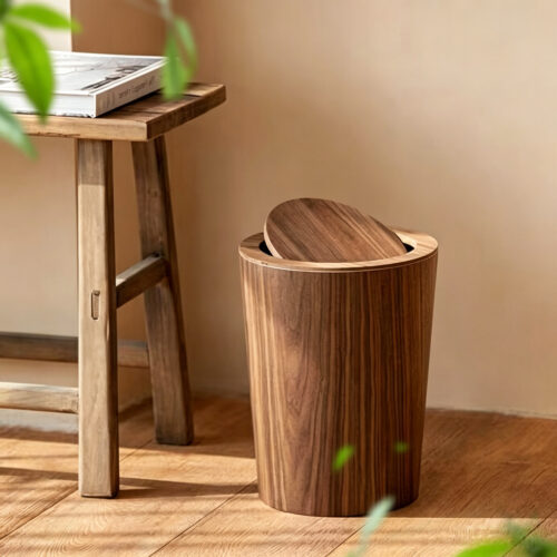 Durable Wood Grain Trash Can in Dark Brown, styled campaign view