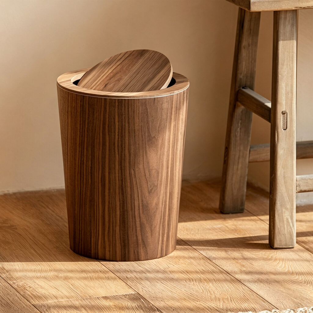 Durable Wood Grain Trash Can in Dark Brown, lifestyle setting 1