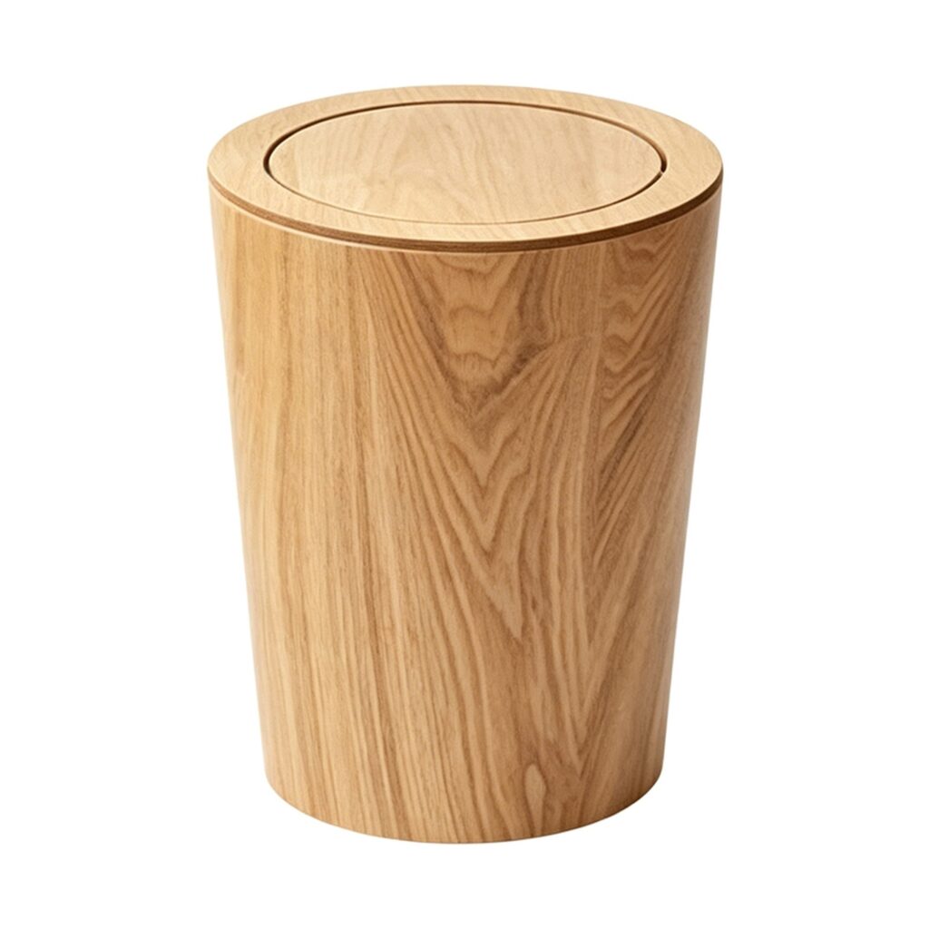 Durable Wood Grain Trash Can in Wood, white-background rear or detail view