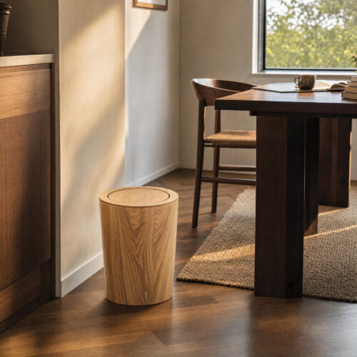 Durable Wood Grain Trash Can in Wood, lifestyle setting 2