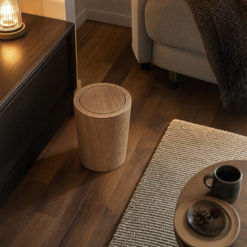 Durable Wood Grain Trash Can in Wood, lifestyle setting 3