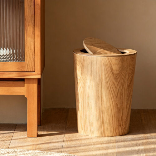 Durable Wood Grain Trash Can in Wood, lifestyle setting 4