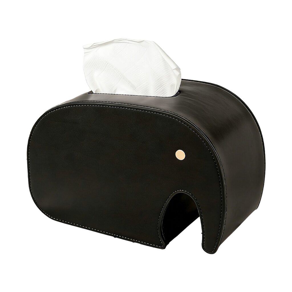 Elephant PU Leather Tissue Box Holder in Black, white-background front or three-quarter view