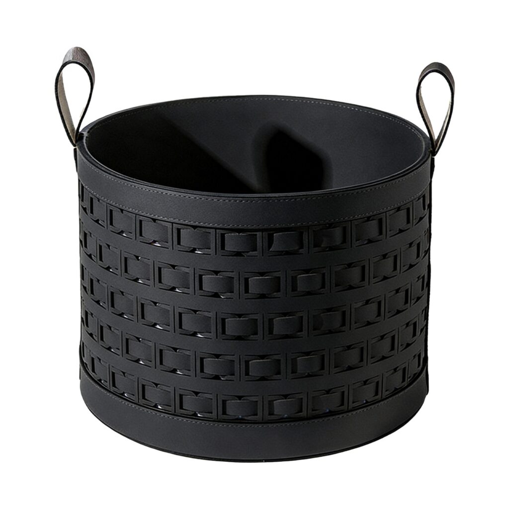 Lattice Pattern Leather Storage Basket in Black, white-background front or three-quarter view