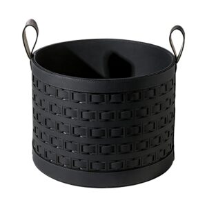 Lattice Pattern Leather Storage Basket in Black, white-background front or three-quarter view