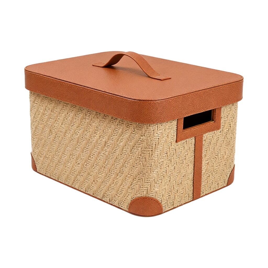 Woven Leather Storage Box in Brown, white-background front or three-quarter view