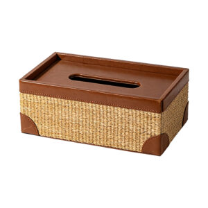 Natural Rattan Weave Leather Tissue Box, white-background front or three-quarter view
