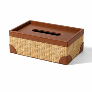 Natural Rattan Weave Leather Tissue Box, white-background rear or detail view