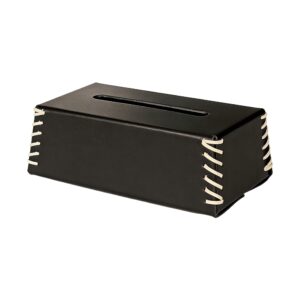 Roman Weave Leather Tissue Box in Black, white-background front or three-quarter view