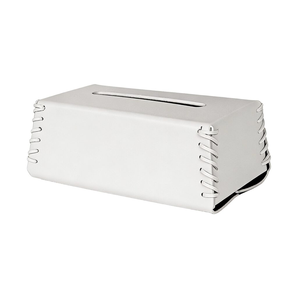 Roman Weave Leather Tissue Box in White, white-background front or three-quarter view