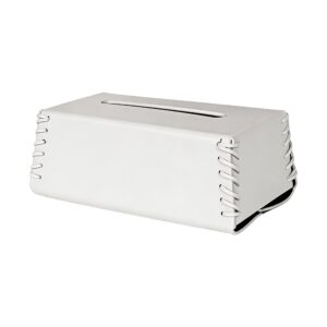 Roman Weave Leather Tissue Box in White, white-background front or three-quarter view