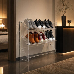 3-Tier Clear Acrylic Shoe Rack, styled campaign view