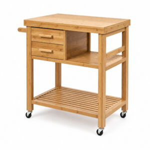 Mobile Bamboo Kitchen Trolley, white-background front or three-quarter view