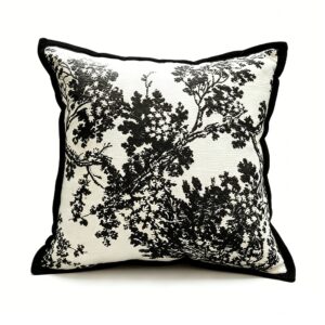 Tree-Motif Jacquard Cushion in Black, white-background rear or detail view