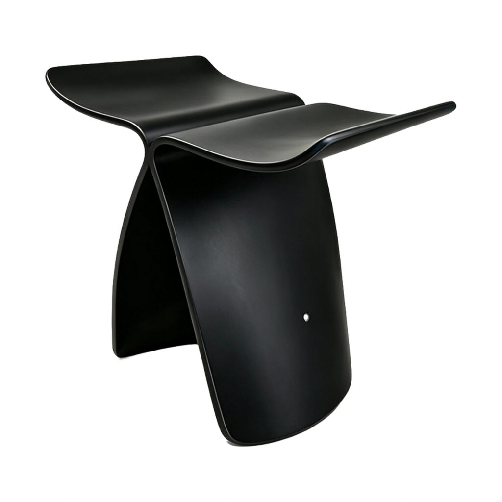 Butterfly-Form Wooden Accent Stool in Black, white-background front or three-quarter view