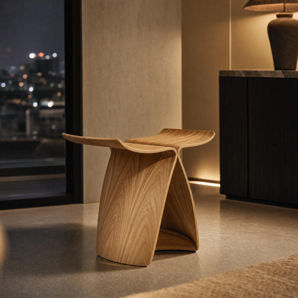 Butterfly-Form Wooden Accent Stool in Dark Brown, alternative campaign view
