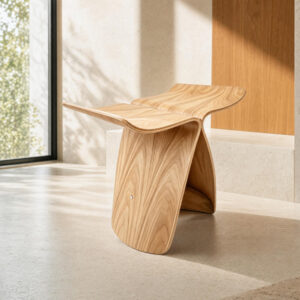 Butterfly-Form Wooden Accent Stool in Wood, styled campaign view