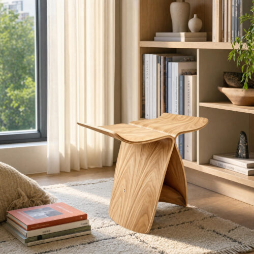 Butterfly-Form Wooden Accent Stool in Wood, lifestyle setting 1