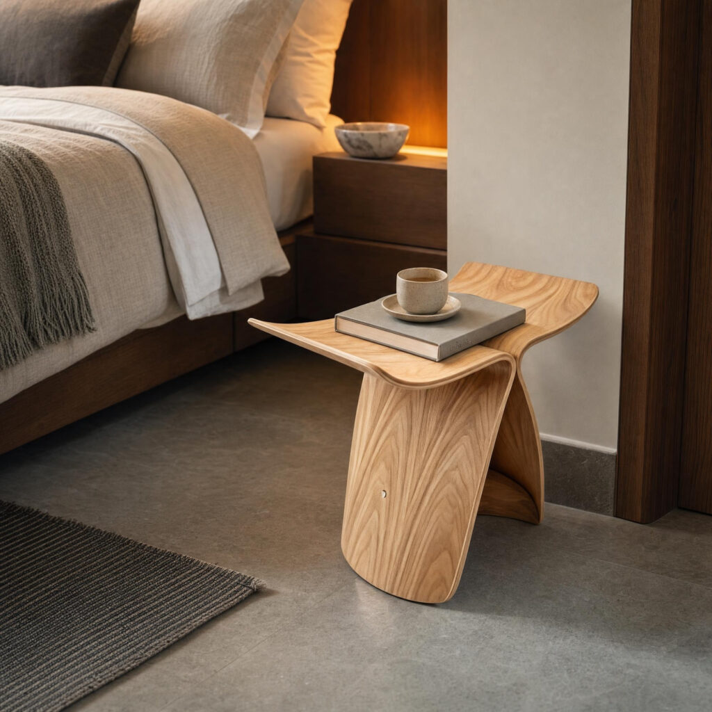 Butterfly-Form Wooden Accent Stool in Wood, lifestyle setting 2