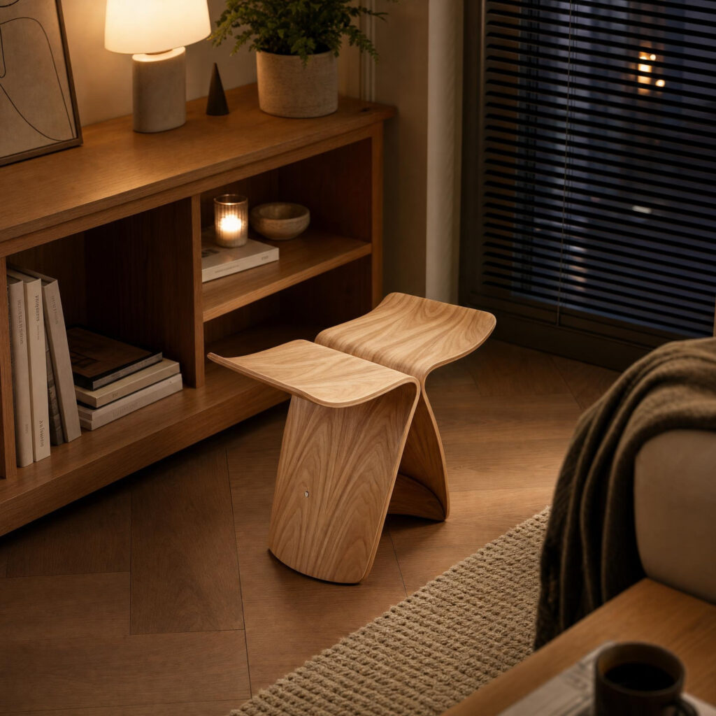 Butterfly-Form Wooden Accent Stool in Wood, lifestyle setting 4