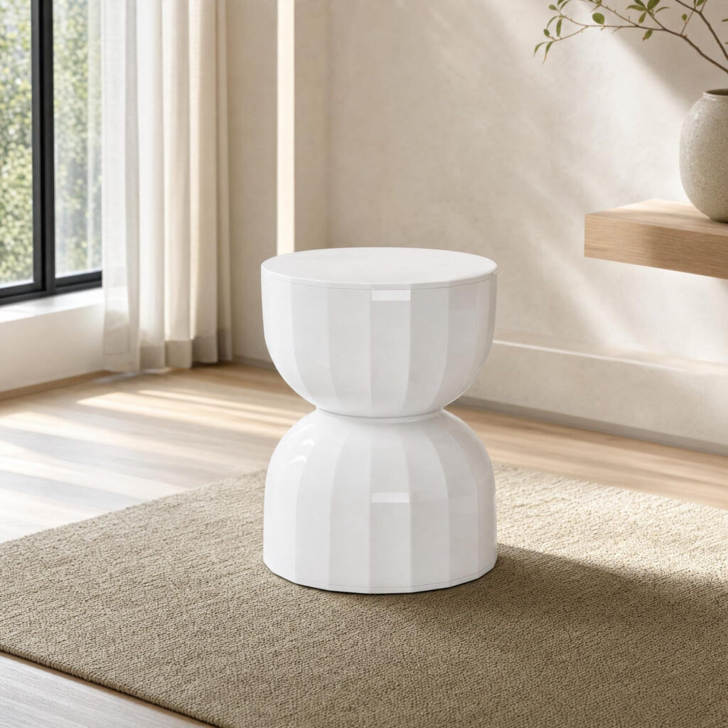 Fluted Hourglass Accent Stool & Side Table, styled campaign view